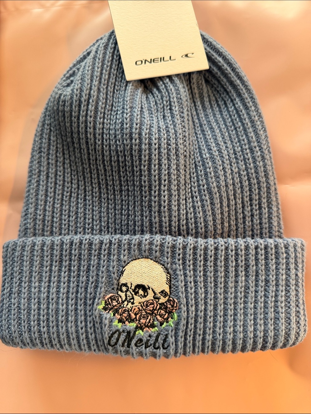 O'Neill Kids Blue Ribbed Beanie with Skull & Rose Embroidery